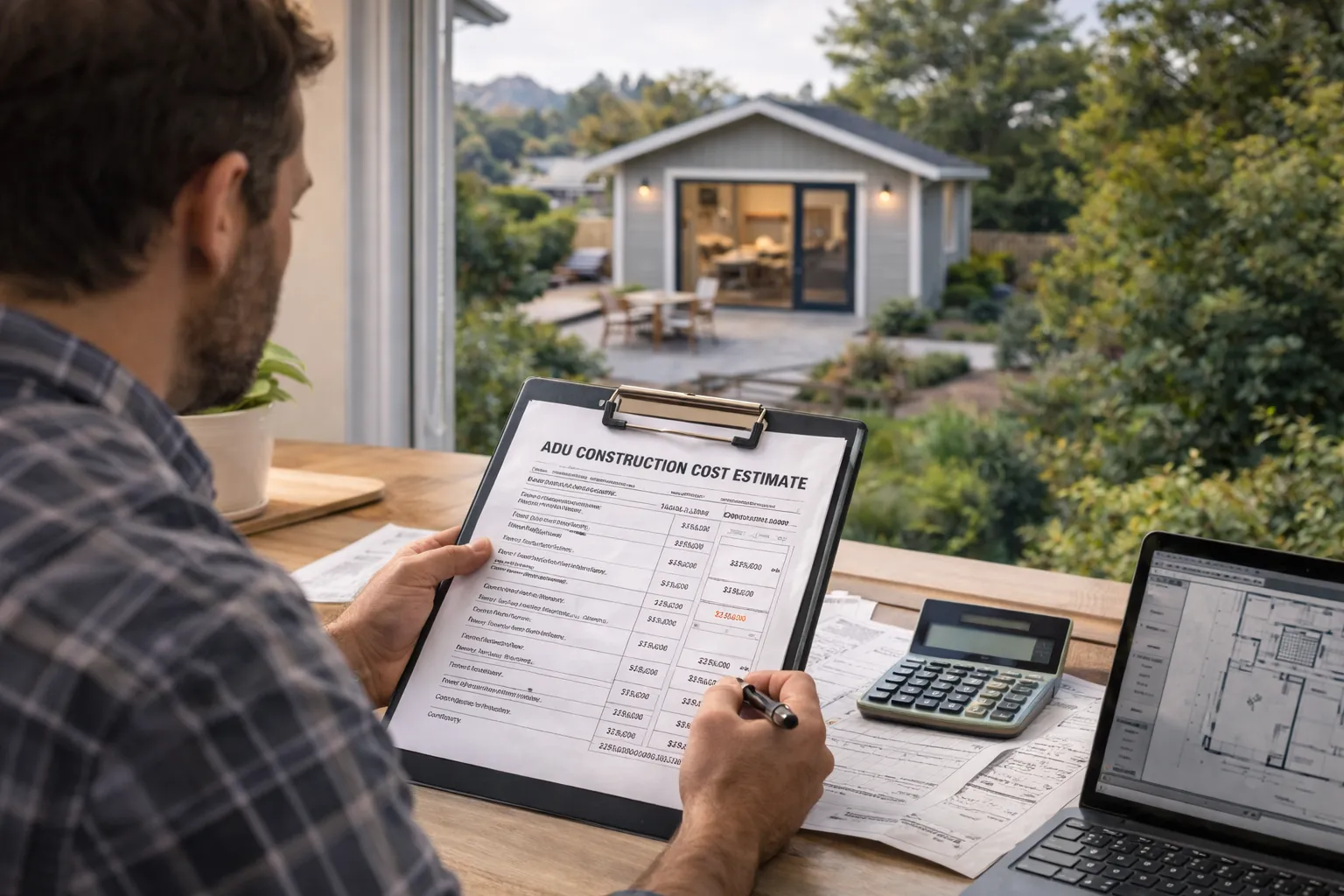 Homeowner reviewing ADU construction cost estimate with calculator while looking at a backyard accessory dwelling unit.